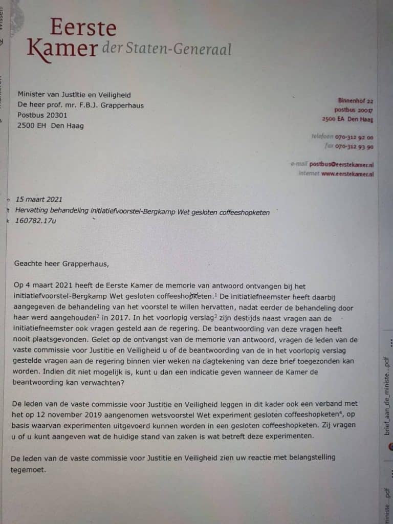 brief eerste kamer wietwet commissie grapperhaus veiligheid en justitie initiatiefvoorstel-Bergkamp Wet gesloten coffeeshopketen