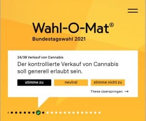 Wahl-O-Mat is een stemhulp van de overheid met een voorbeeld van de vraag of Cannabis gecontroleerd verkocht mag worden