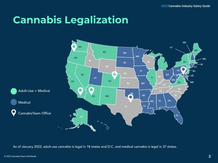 cannabisindustrie VS verenigde staten 100.000 banen in 2022 toevoegen