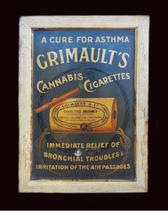Advertentie van het Franse merk Grimault dat farmaceutische sigaretten tegen astma met o.a. cannabis en andere kruiden als ingrediënt leverden omstreeks 1920.