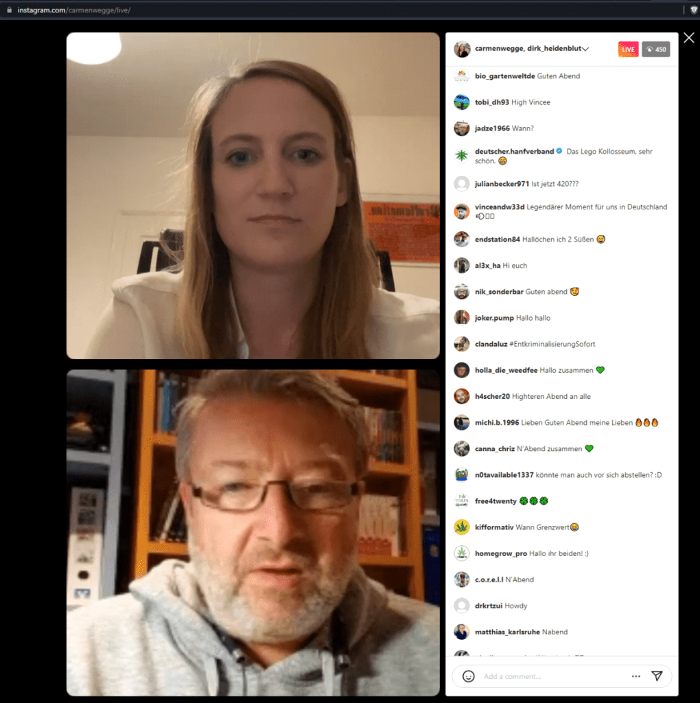 Schermafbeelding van de Instagram Live sessie van 14 september 2022 met Carmen Wegge en Dirk Heidenblut van de SPD